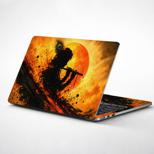 Krishna Silhouette Flute Orange Moon Laptop Skin - View 1