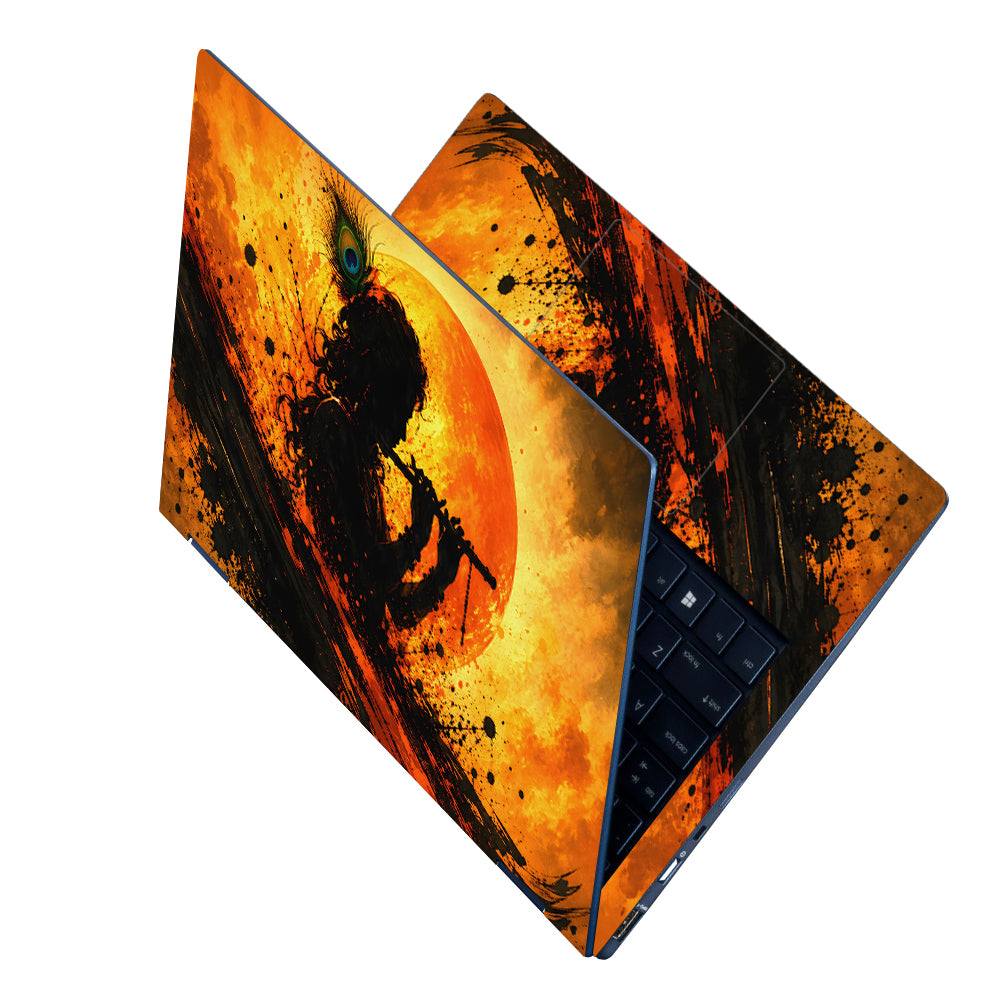 Krishna Silhouette Flute Orange Moon Laptop Skin - View 2