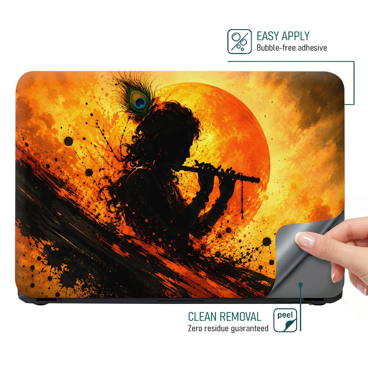 Krishna Silhouette Flute Orange Moon Laptop Skin - View 4