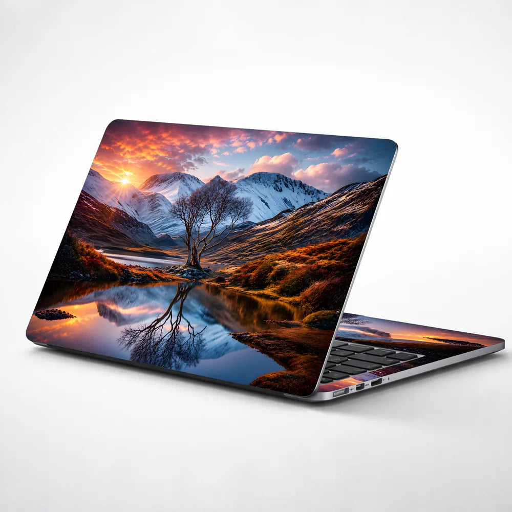 Landscape Alpine Sunrise Lake Reflection Lone Tree Laptop Skin - View 1