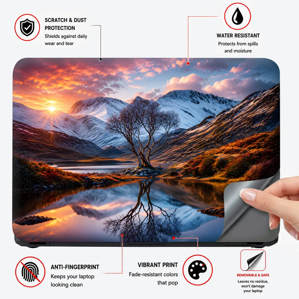 Landscape Alpine Sunrise Lake Reflection Lone Tree Laptop Skin - View 4