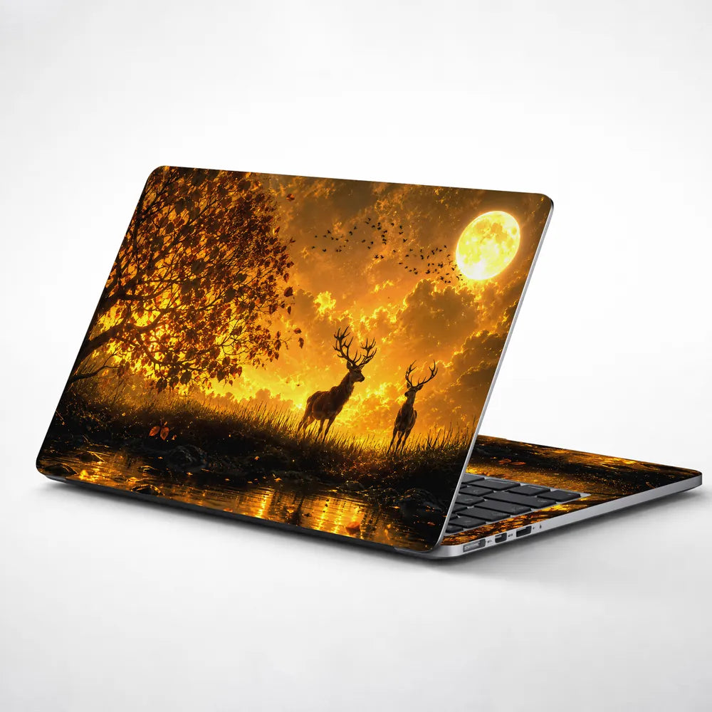 Landscape Deer Golden Moon Sunset Laptop Skin - View 1