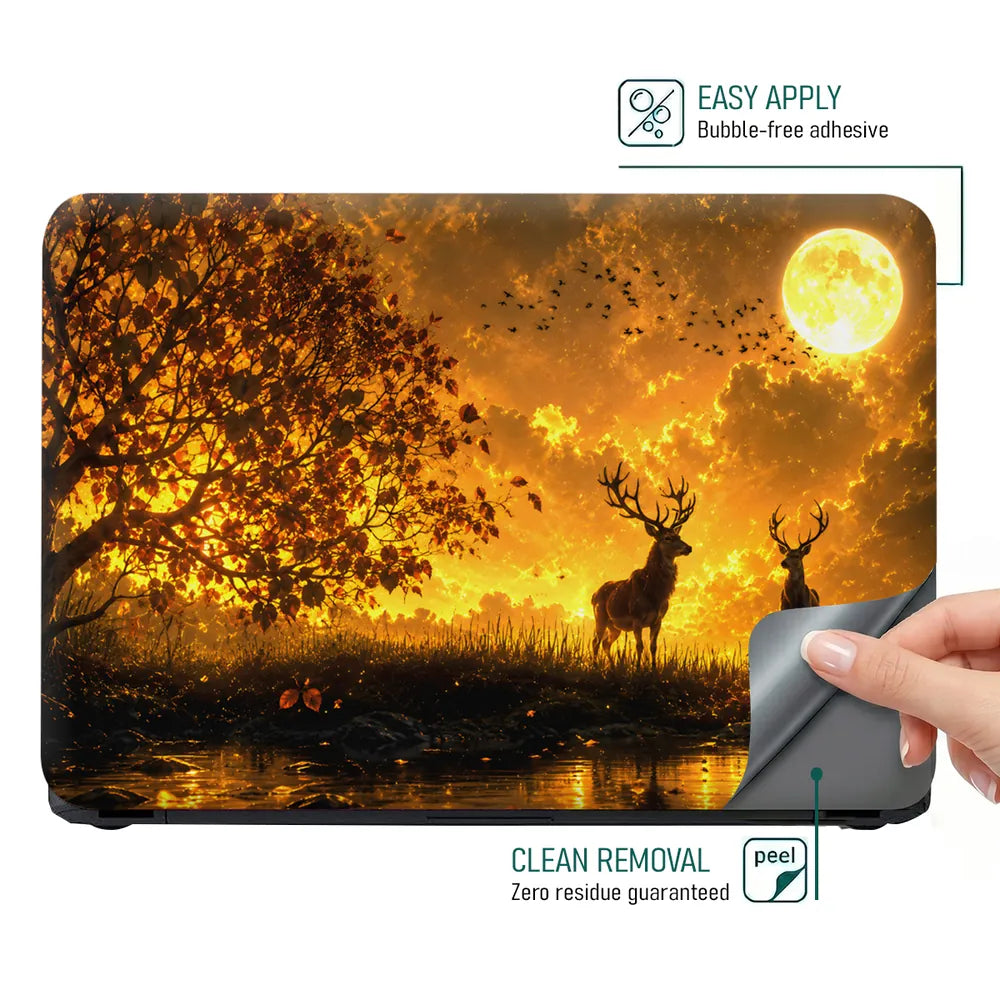 Landscape Deer Golden Moon Sunset Laptop Skin - View 4