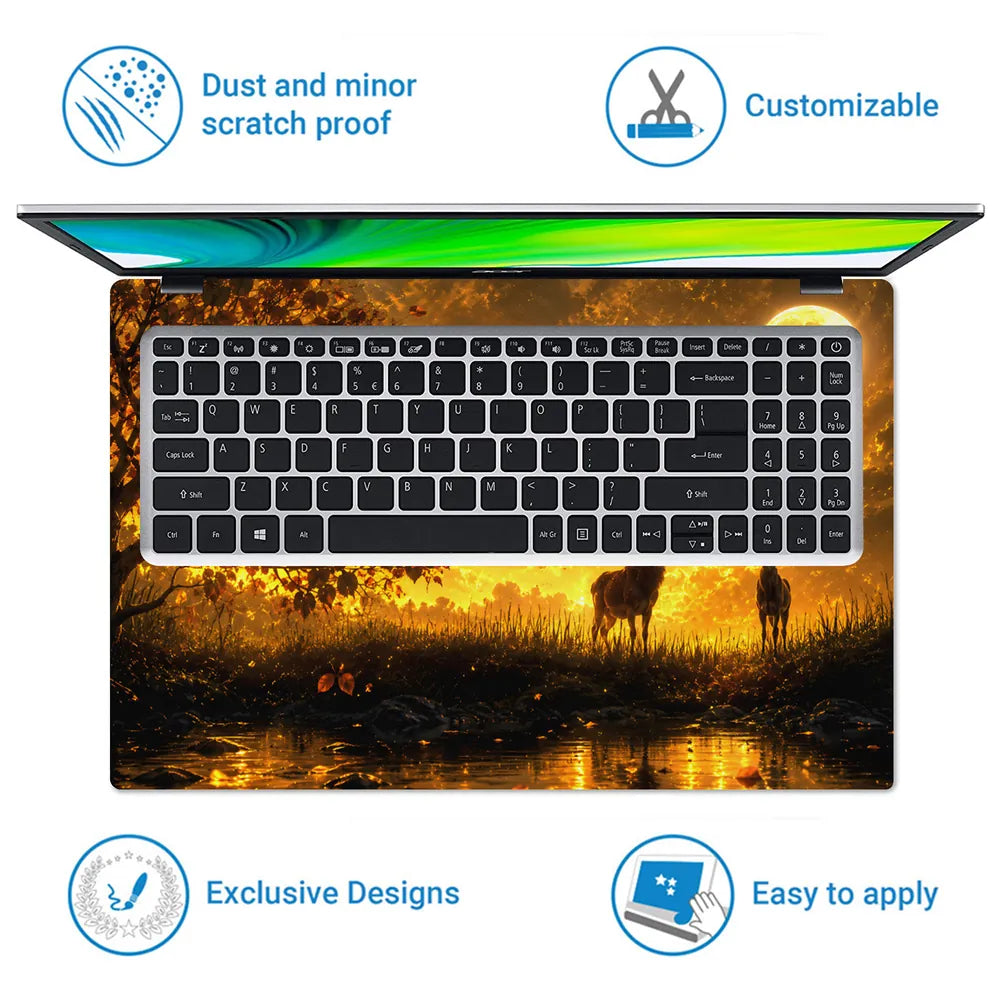 Landscape Deer Golden Moon Sunset Laptop Skin - View 5