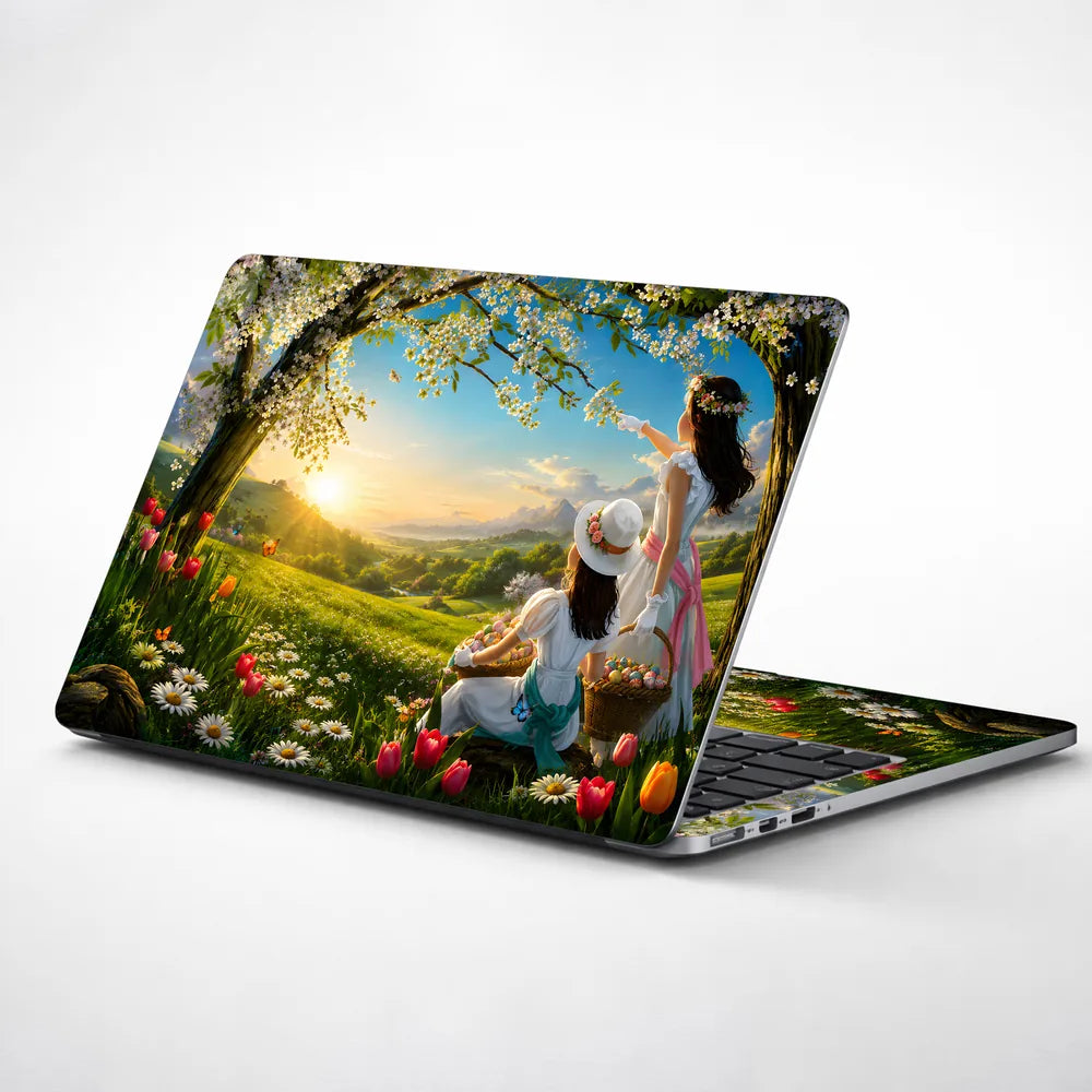 Landscape Spring Meadow Sunrise with Children Laptop Skin - View 1