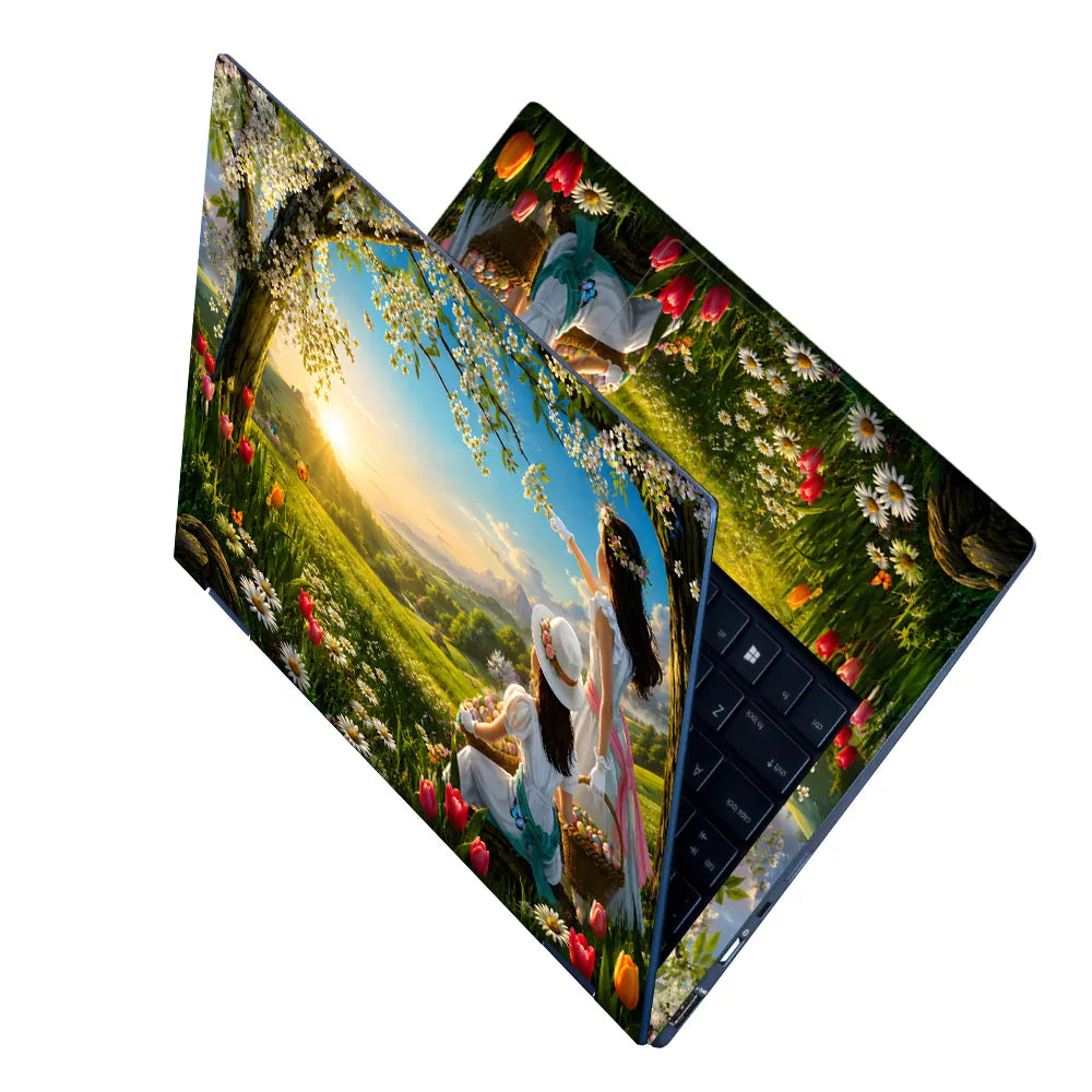 Landscape Spring Meadow Sunrise with Children Laptop Skin - View 2
