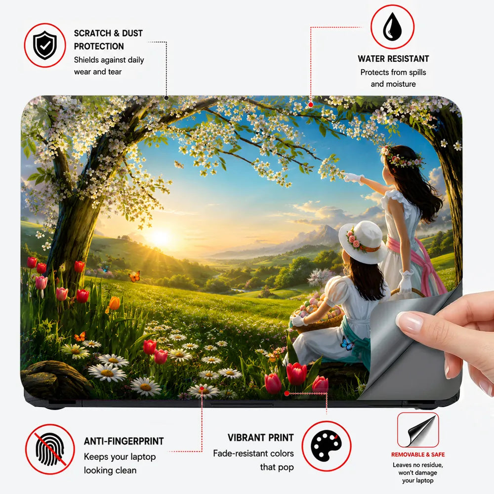 Landscape Spring Meadow Sunrise with Children Laptop Skin - View 4
