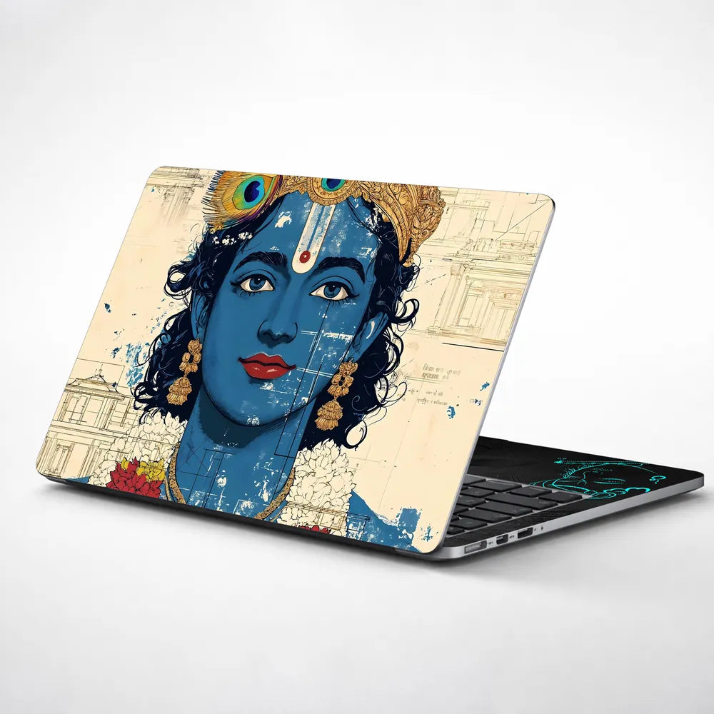 Lord Krishna Blue Face Closeup Architectural Background Laptop Skin - View 1