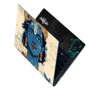 Lord Krishna Blue Face Closeup Architectural Background Laptop Skin - View 2