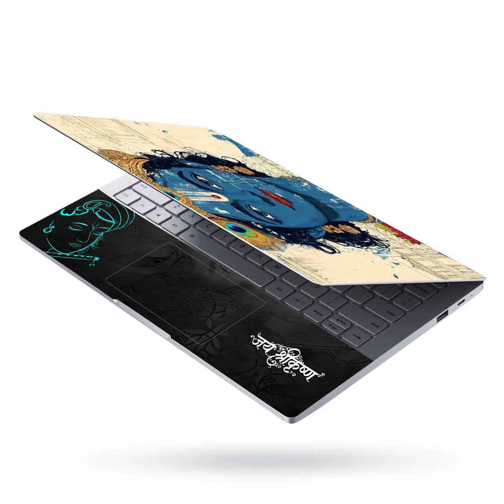 Lord Krishna Blue Face Closeup Architectural Background Laptop Skin - View 3