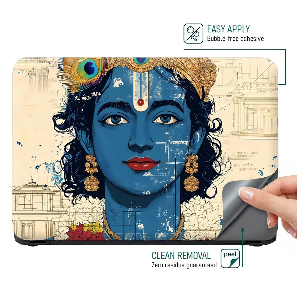 Lord Krishna Blue Face Closeup Architectural Background Laptop Skin - View 4