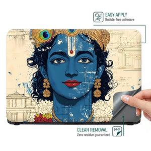 Lord Krishna Blue Face Closeup Architectural Background Laptop Skin - View 4