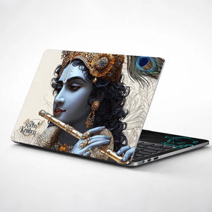 Lord Krishna Closeup Portrait Peacock Crown Flute Laptop Skin - View 1