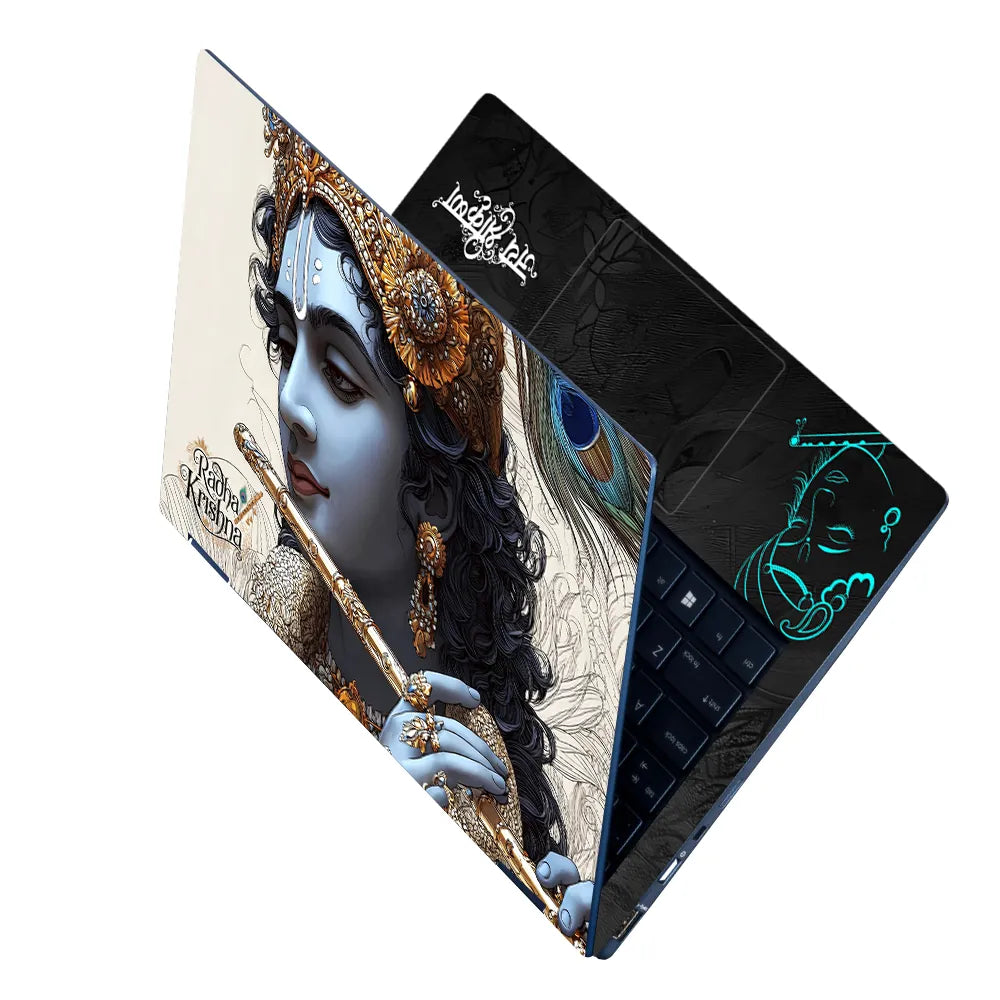 Lord Krishna Closeup Portrait Peacock Crown Flute Laptop Skin - View 2