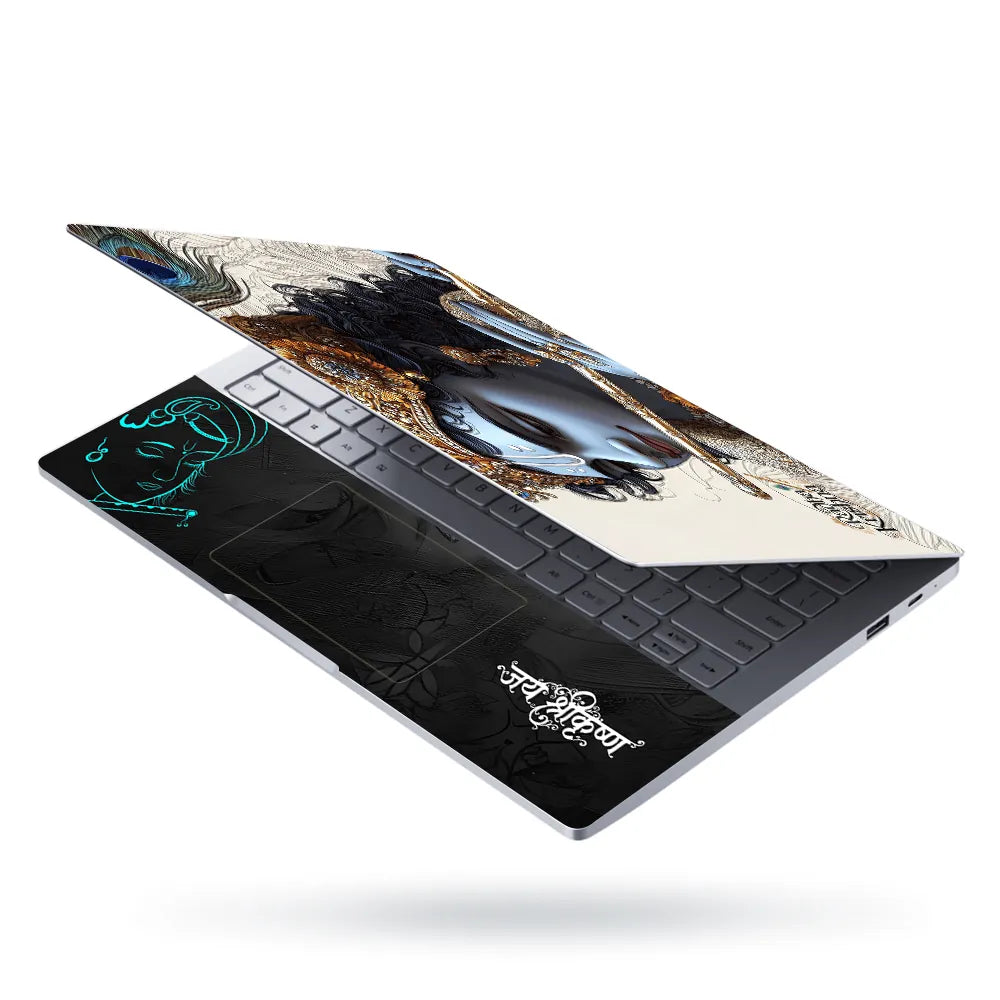 Lord Krishna Closeup Portrait Peacock Crown Flute Laptop Skin - View 3