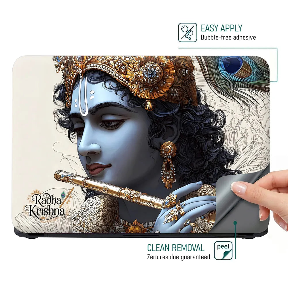 Lord Krishna Closeup Portrait Peacock Crown Flute Laptop Skin - View 4