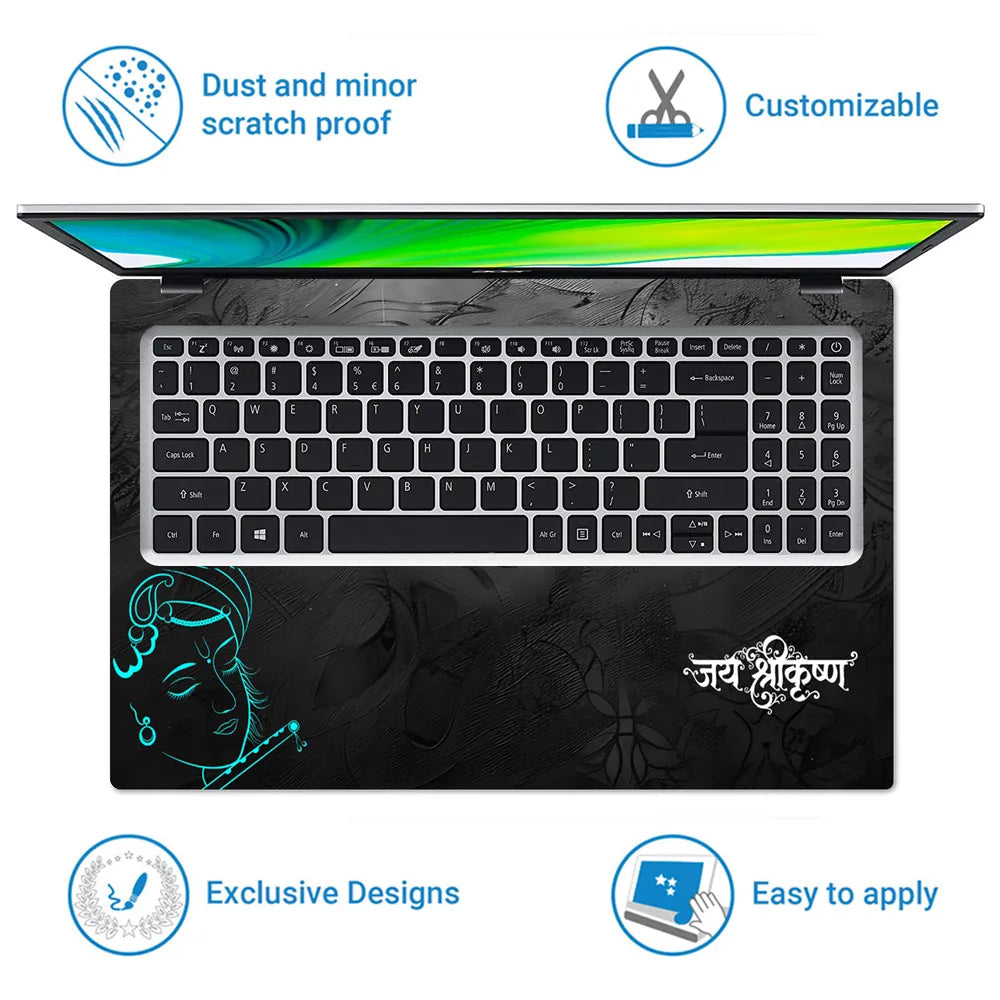 Lord Krishna Closeup Portrait Peacock Crown Flute Laptop Skin - View 5