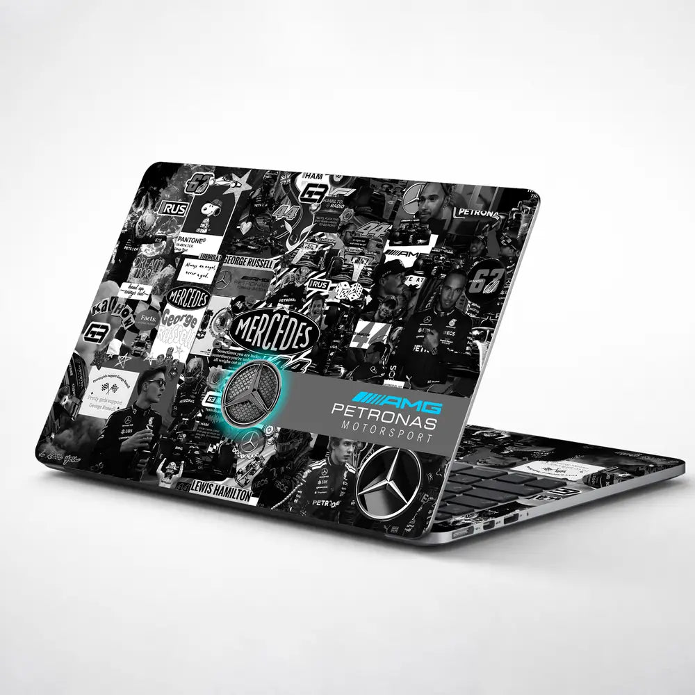 Mercedes F1 Car Driver Collage Laptop Skin - View 1