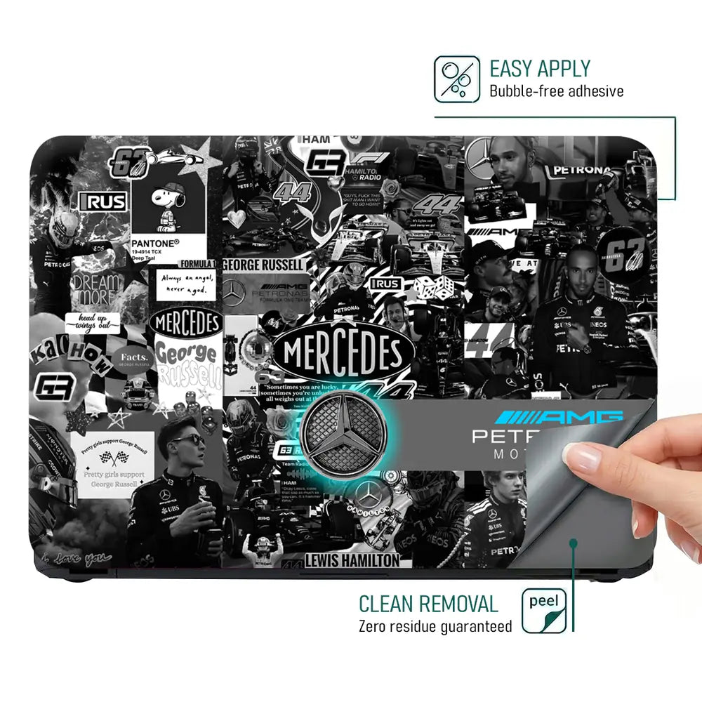 Mercedes F1 Car Driver Collage Laptop Skin - View 4