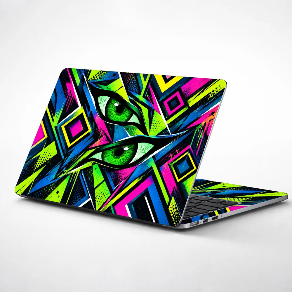 Neon Cyberpunk Eyes in Fractured Geometry Laptop Skin - View 1
