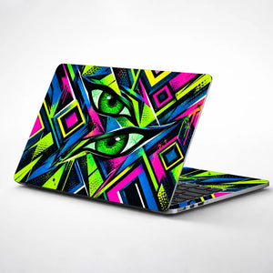 Neon Cyberpunk Eyes in Fractured Geometry Laptop Skin - View 1