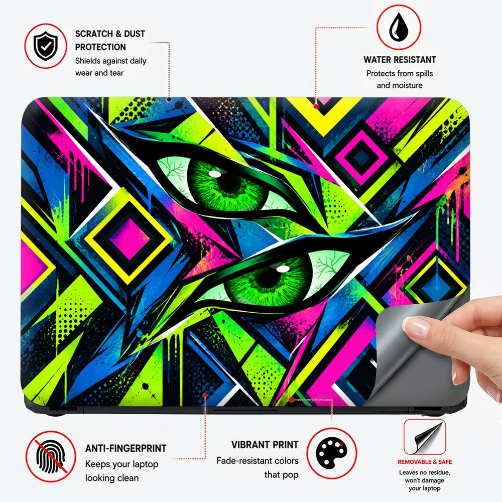 Neon Cyberpunk Eyes in Fractured Geometry Laptop Skin - View 4