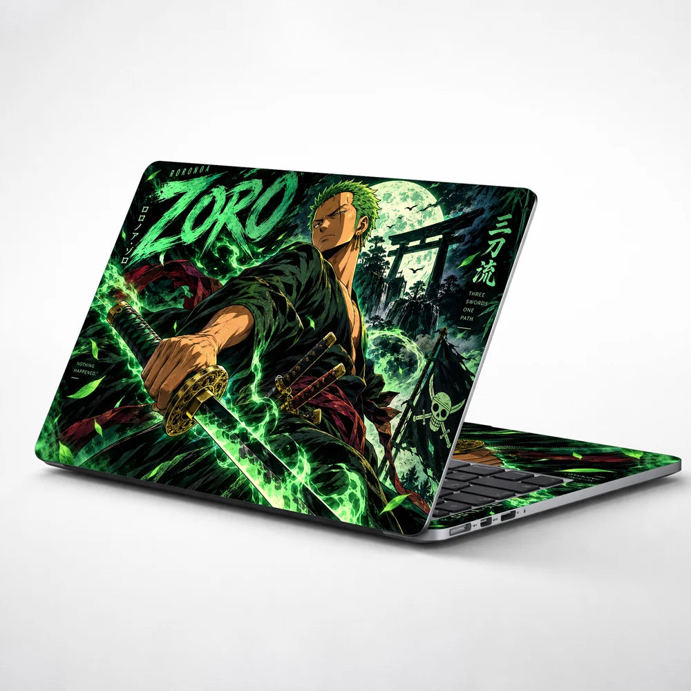 Neon Green Three-Sword Moonlit Samurai Laptop Skin - View 1