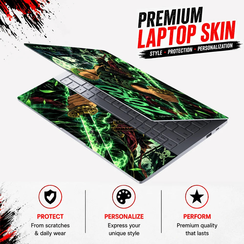 Neon Green Three-Sword Moonlit Samurai Laptop Skin - View 3