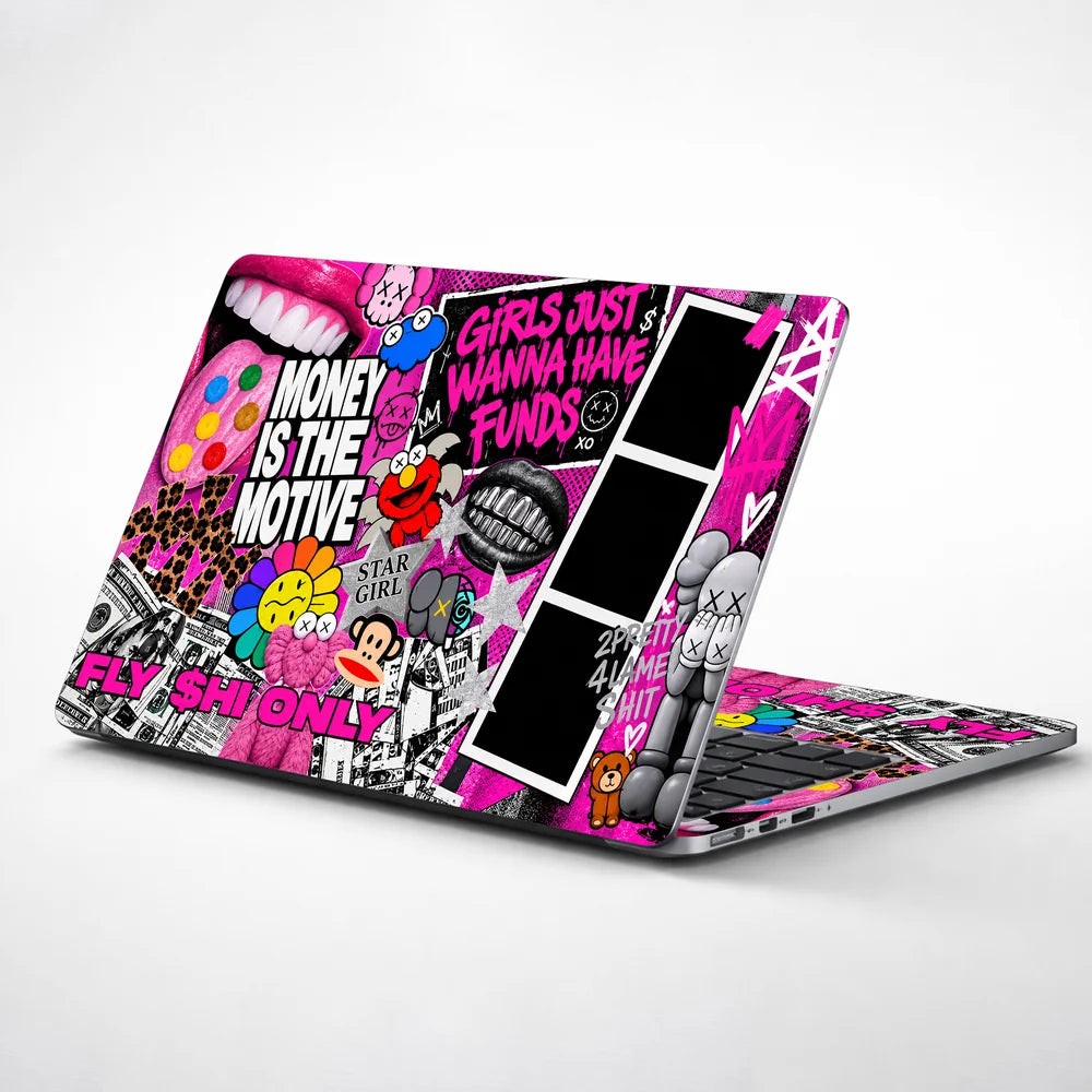 Neon Pink Graffiti Money Collage Laptop Skin - View 1