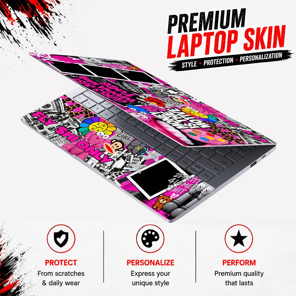 Neon Pink Graffiti Money Collage Laptop Skin - View 3