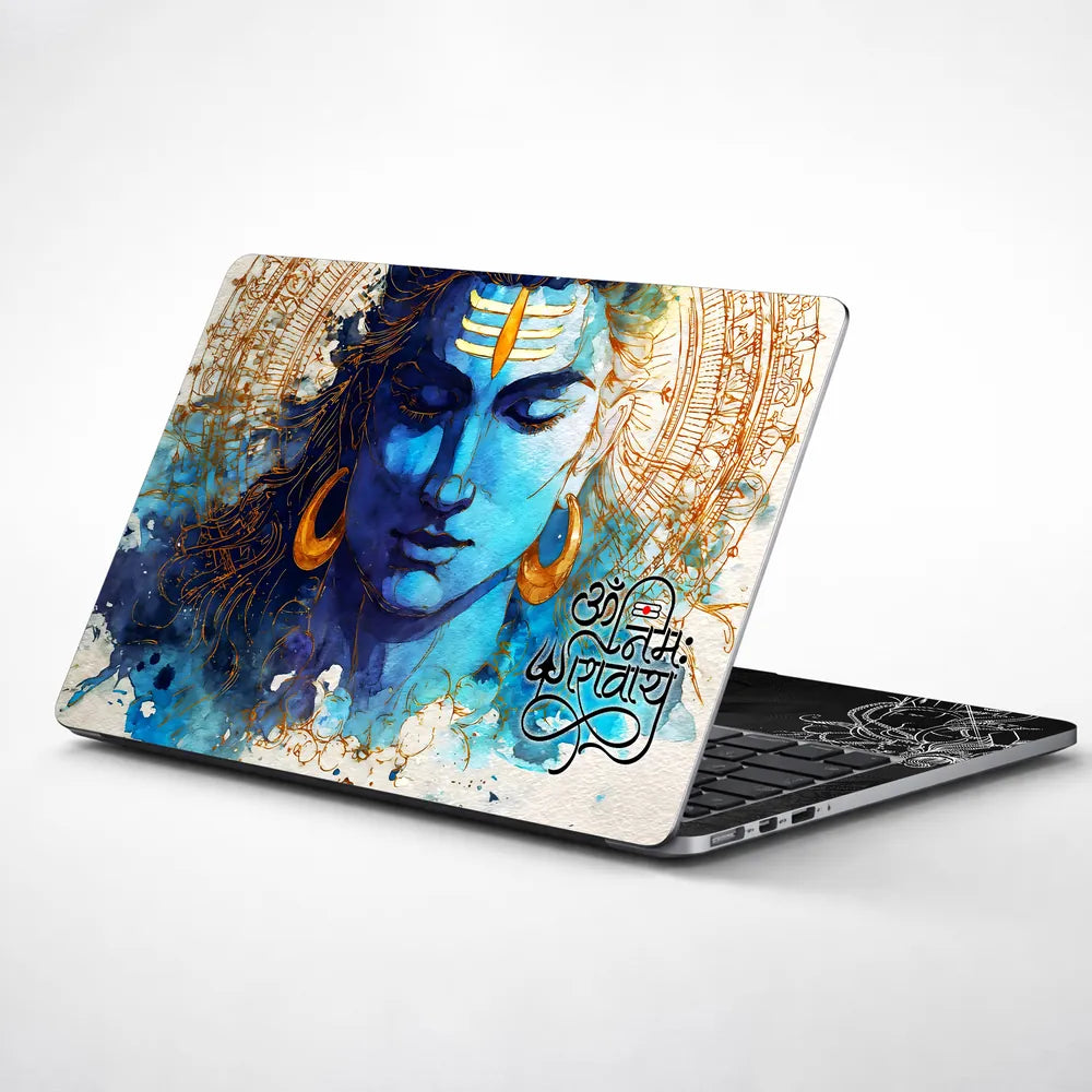 Om Namah Shivaya Shiva Blue Watercolor Portrait Golden Mandala Laptop Skin - View 1