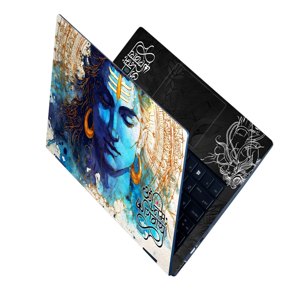 Om Namah Shivaya Shiva Blue Watercolor Portrait Golden Mandala Laptop Skin - View 2