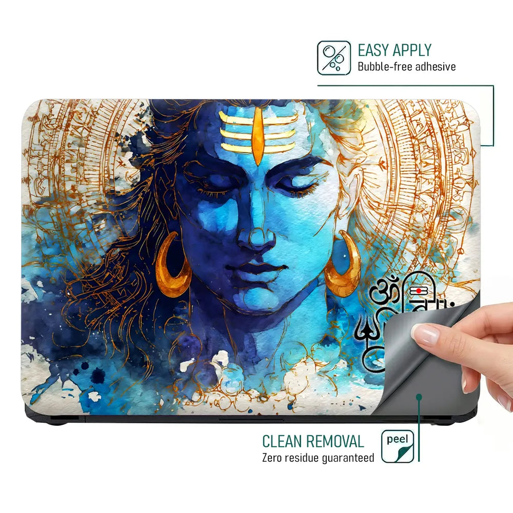 Om Namah Shivaya Shiva Blue Watercolor Portrait Golden Mandala Laptop Skin - View 4
