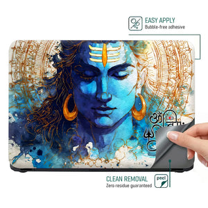 Om Namah Shivaya Shiva Blue Watercolor Portrait Golden Mandala Laptop Skin - View 4