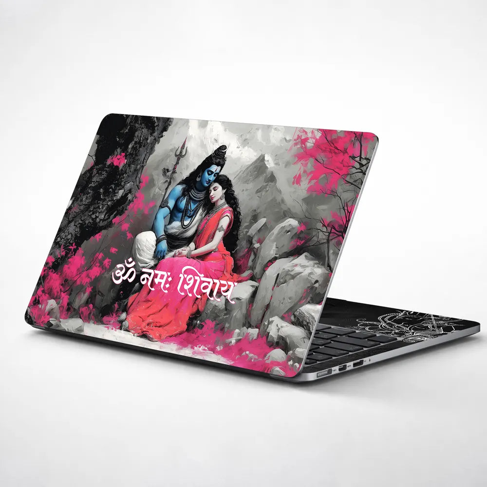 Om Namah Shivaya Shiva Parvati Pink Floral Mountain Laptop Skin - View 1