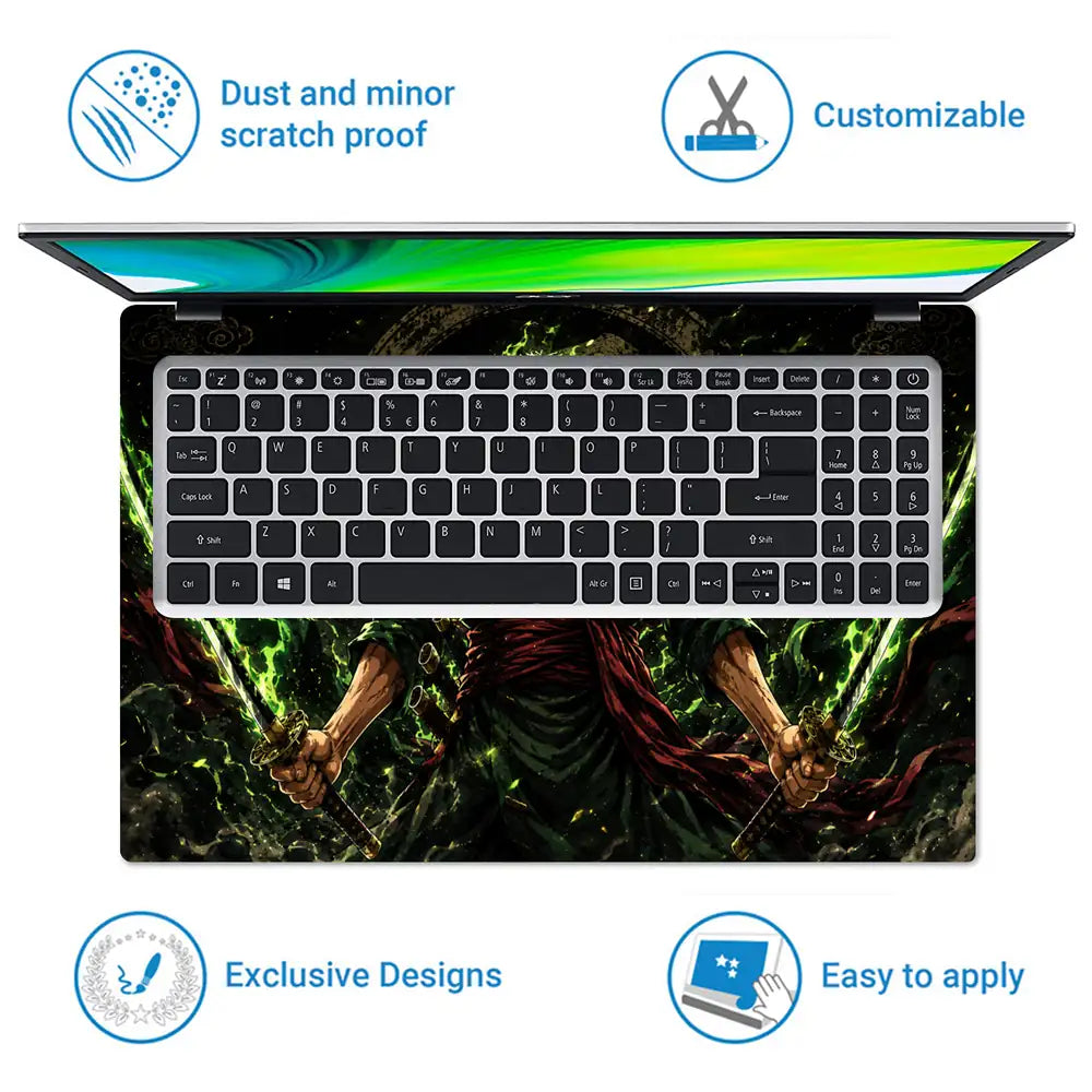 One Piece Zoro Green Fire Swords Laptop Skin - View 5