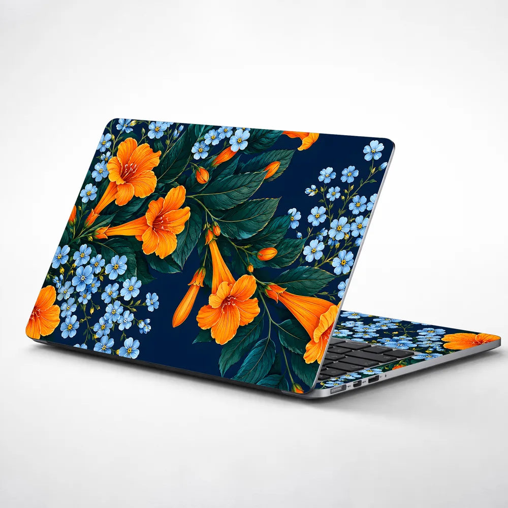 Orange Trumpet Blue Flowers Laptop Skin - View 1