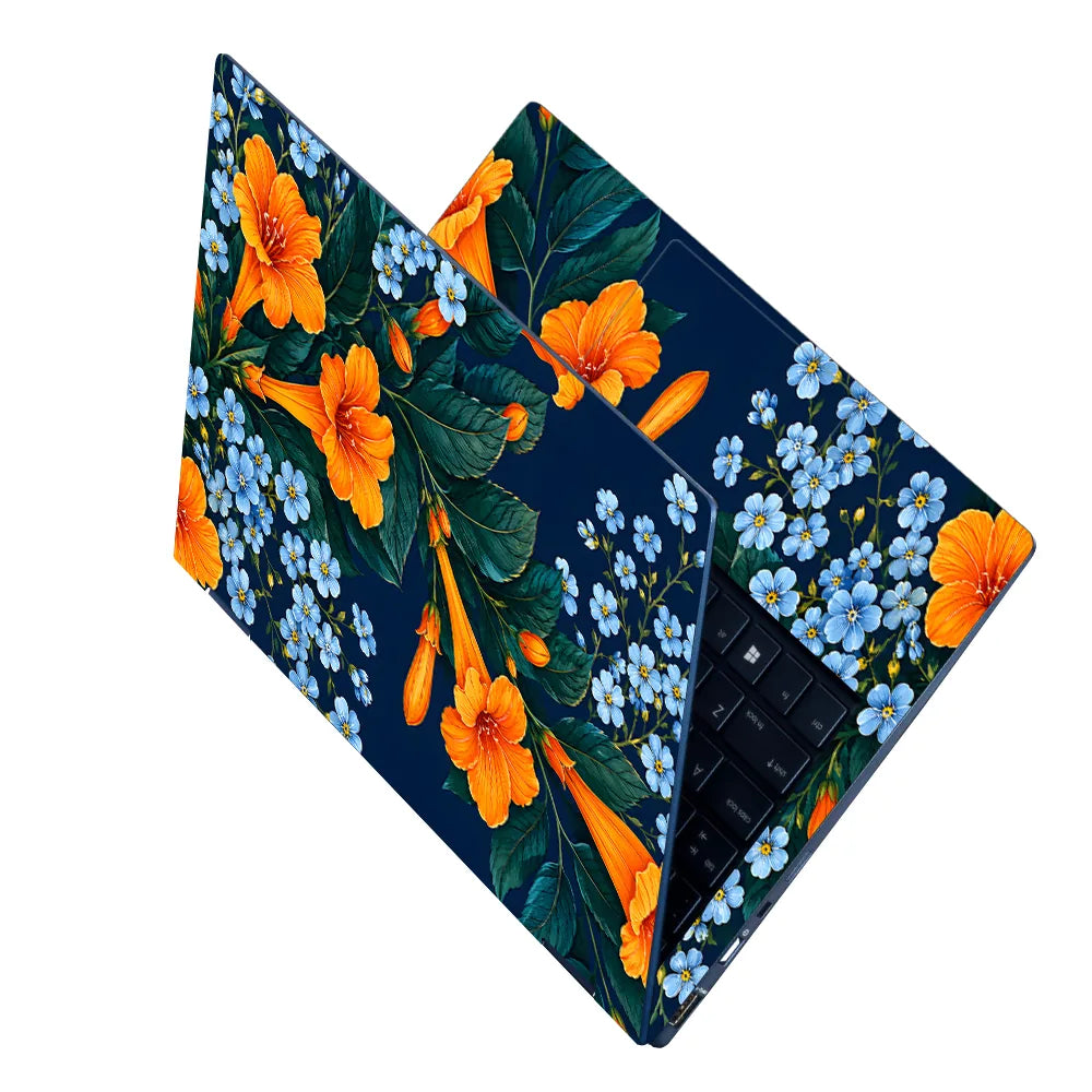 Orange Trumpet Blue Flowers Laptop Skin - View 2