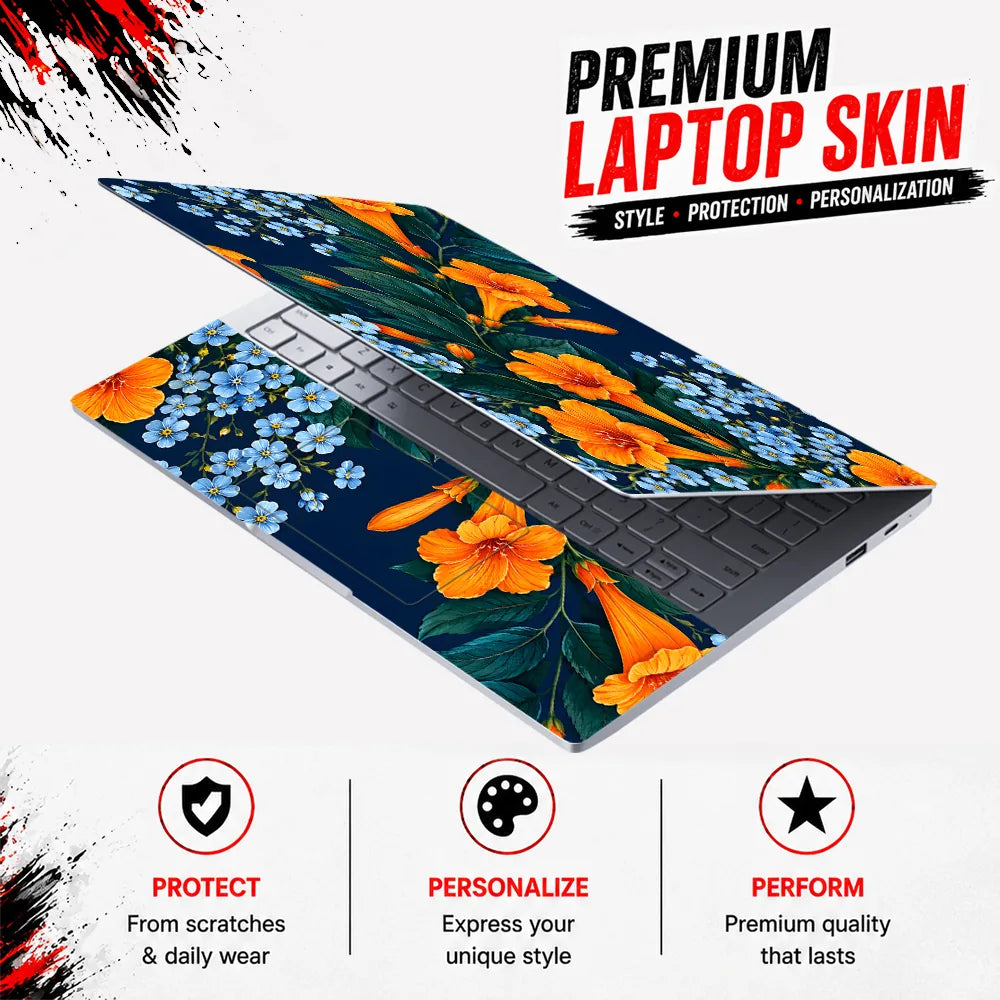 Orange Trumpet Blue Flowers Laptop Skin - View 3