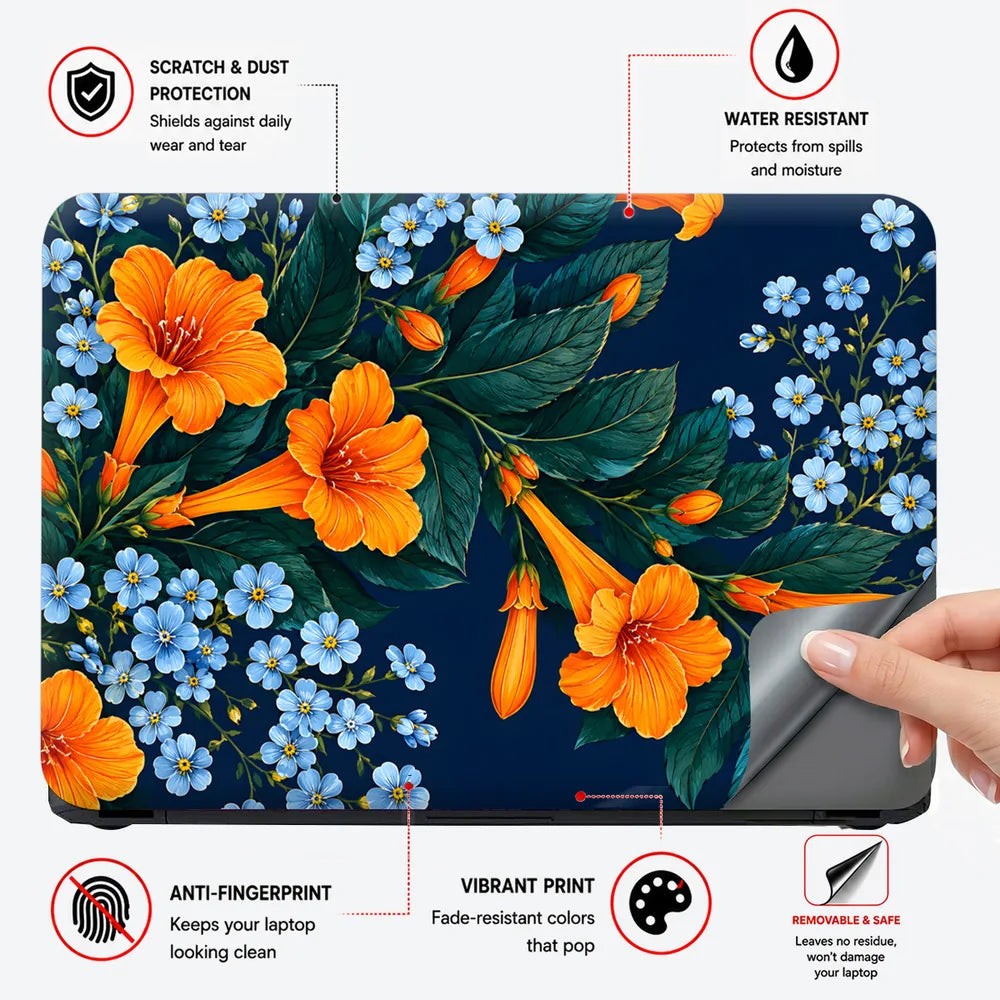 Orange Trumpet Blue Flowers Laptop Skin - View 4