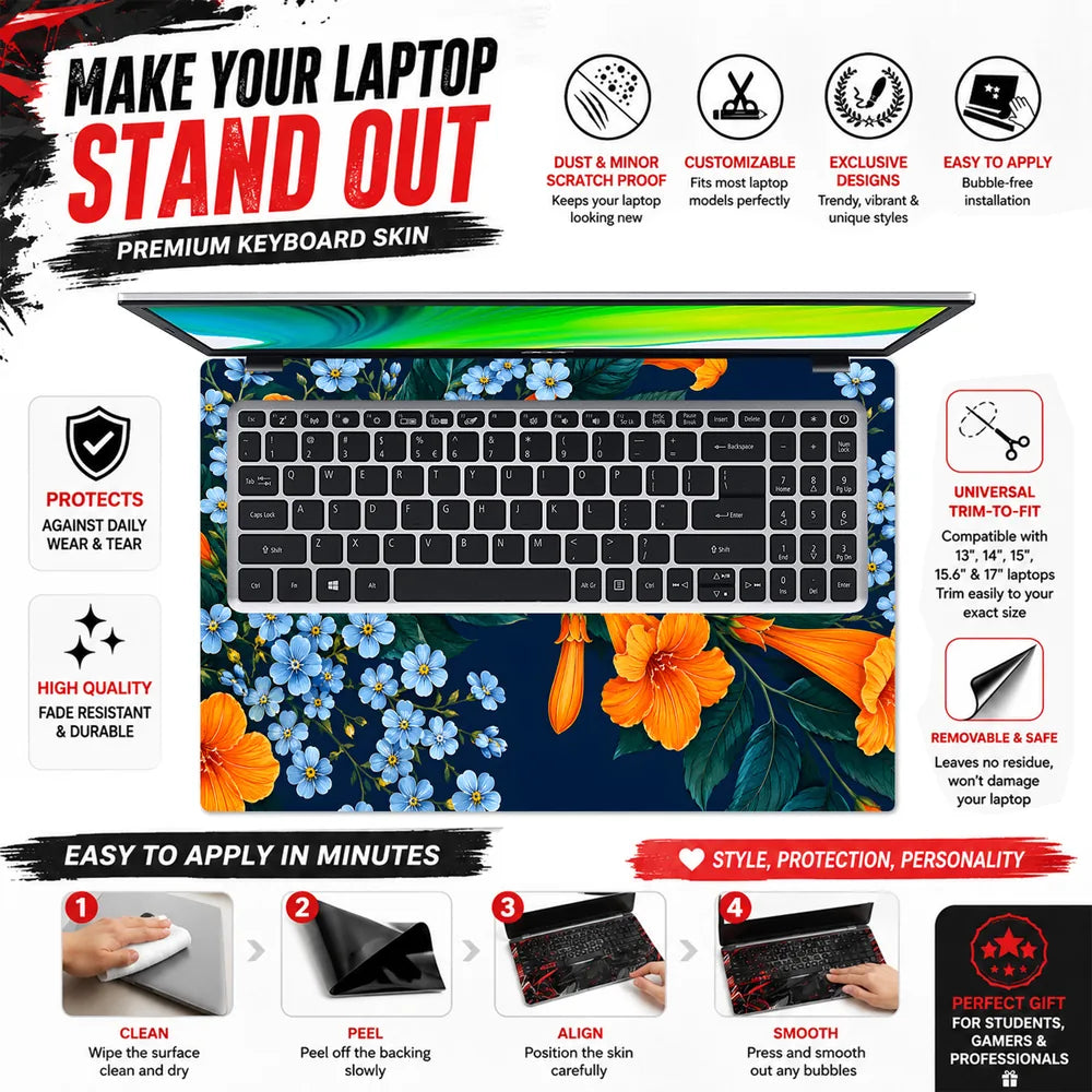 Orange Trumpet Blue Flowers Laptop Skin - View 5