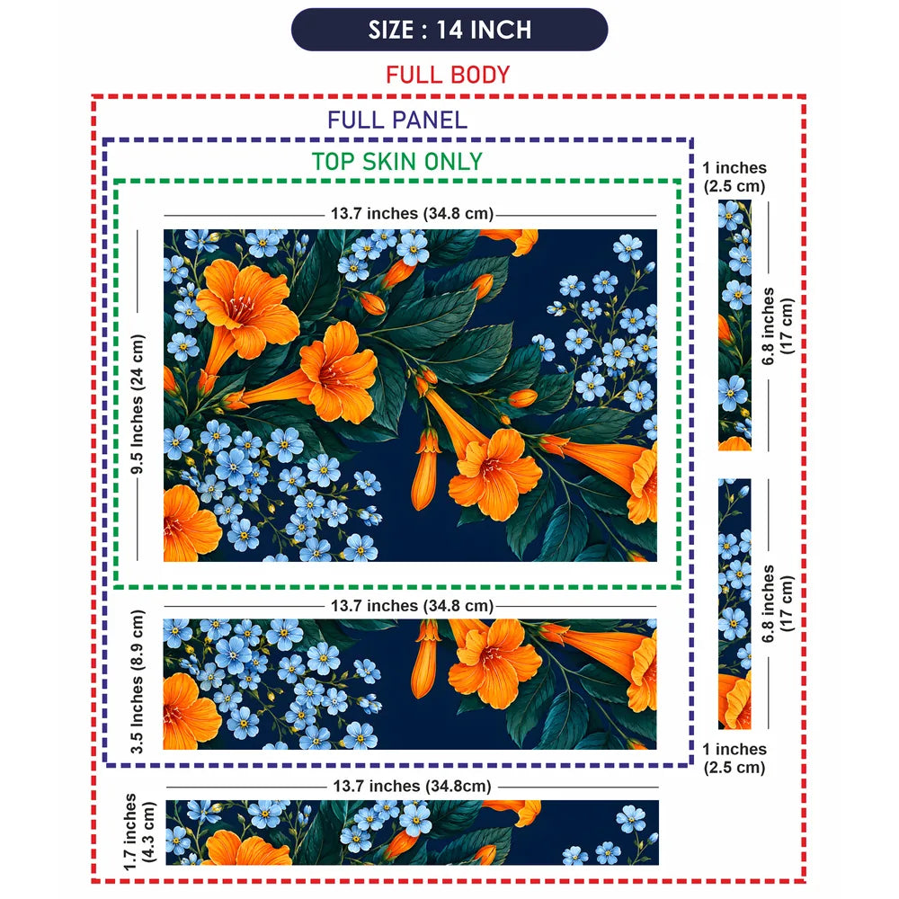 Orange Trumpet Blue Flowers Laptop Skin - View 7