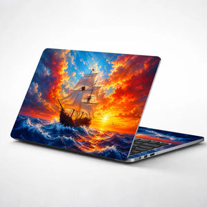 Pirate Ship Sunset Ocean Waves Laptop Skin - View 1