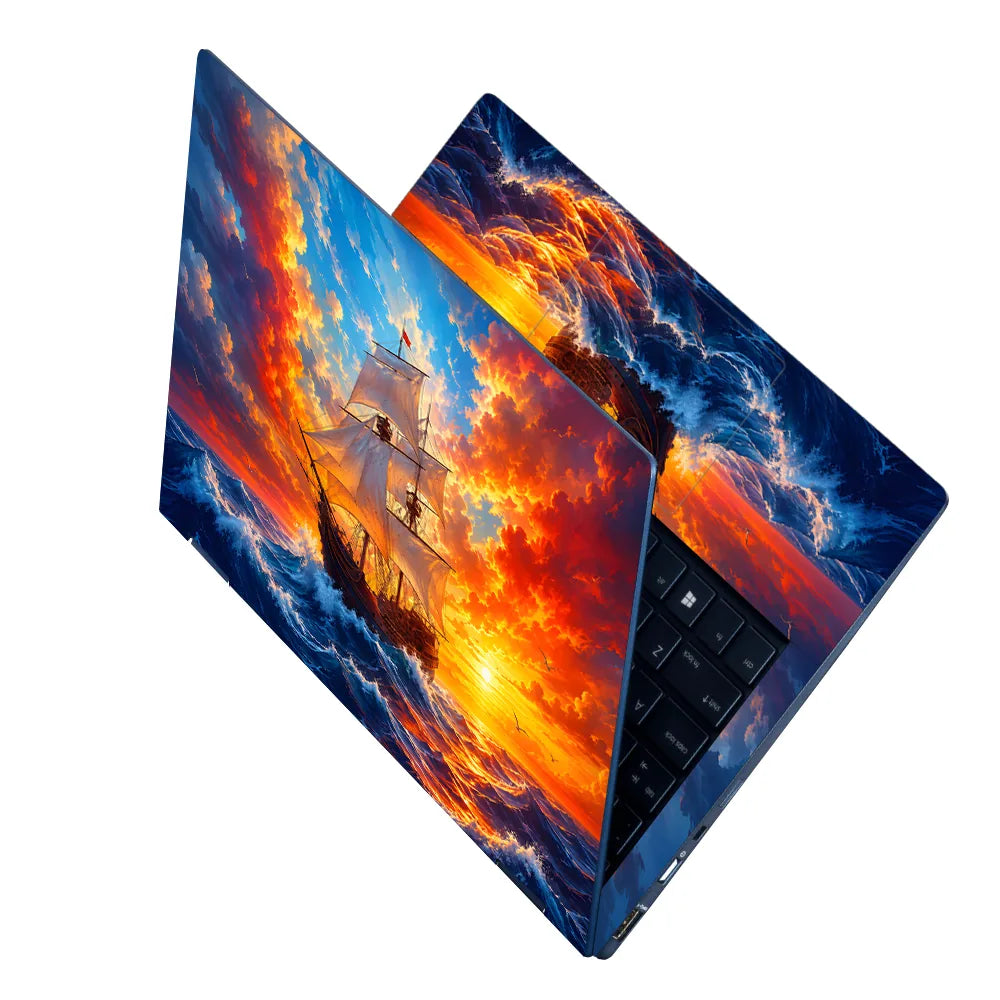 Pirate Ship Sunset Ocean Waves Laptop Skin - View 2