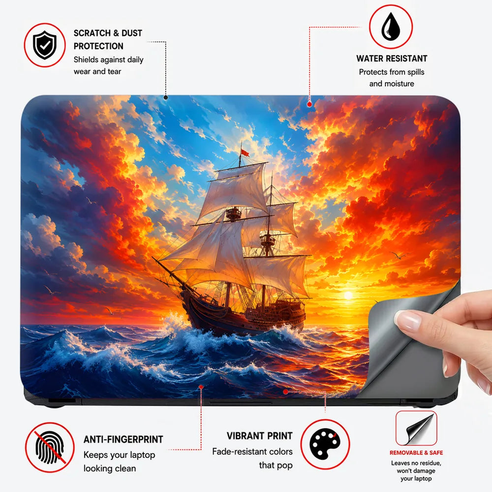 Pirate Ship Sunset Ocean Waves Laptop Skin - View 4