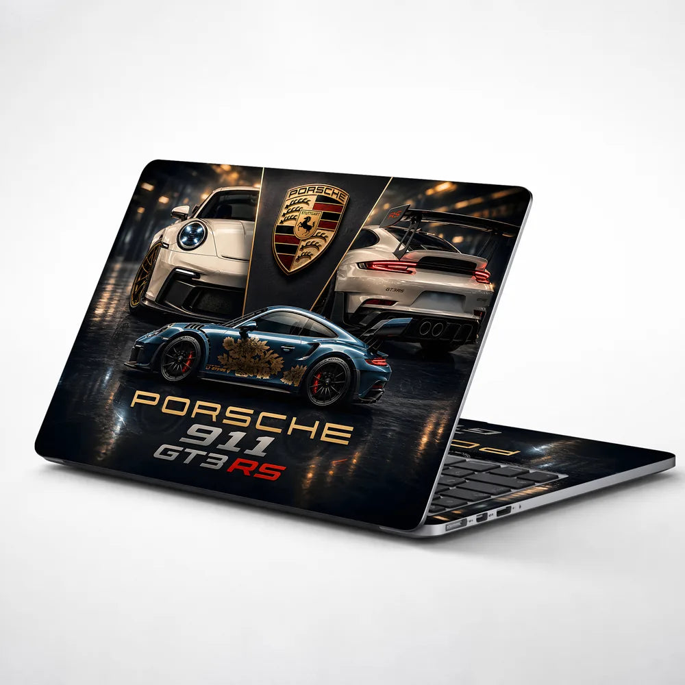 Porsche GT3RS Gold Floral Blue Laptop Skin - View 1