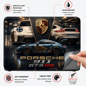 Porsche GT3RS Gold Floral Blue Laptop Skin - View 4