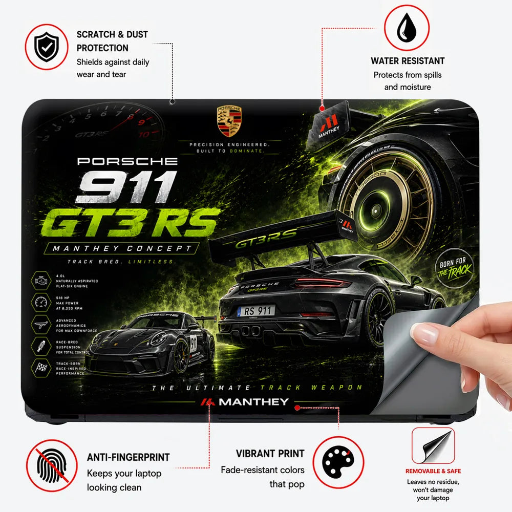 Porsche GT3RS Manthey Green Black Laptop Skin - View 4