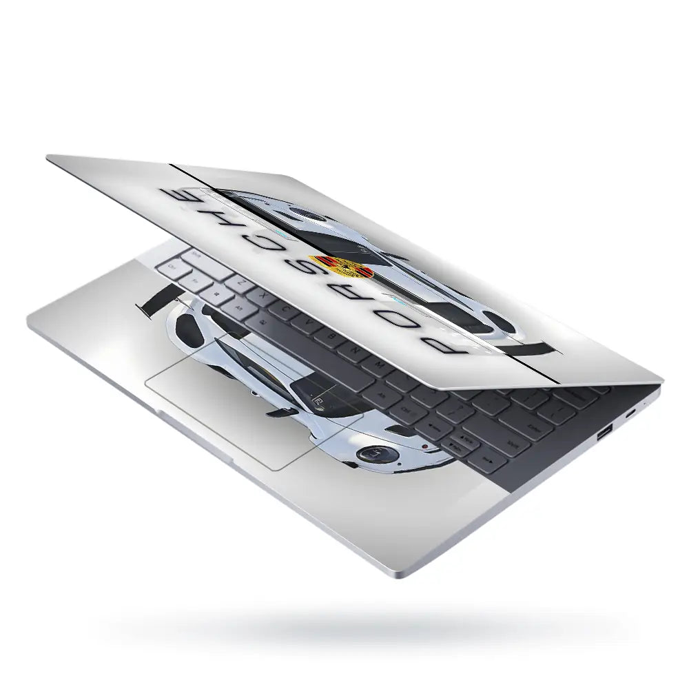 Porsche White Sports Car Grunge Laptop Skin - View 3