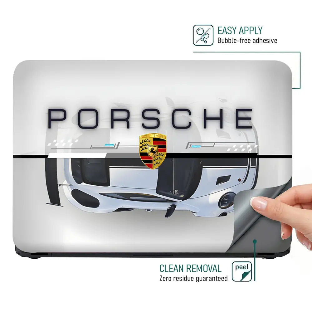 Porsche White Sports Car Grunge Laptop Skin - View 4